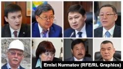 Defendants in the the high-profile corruption trial: (top row, left to right) Aibek Kaliev, Jantoro Satybaldiev, Sapar Isakov, Osmonbek Artykbaev, (bottom row, left to right) Temirlan Brimkulov, Olga Lavrova, Joldoshbek Nazarov, Salaidin Avazov.
