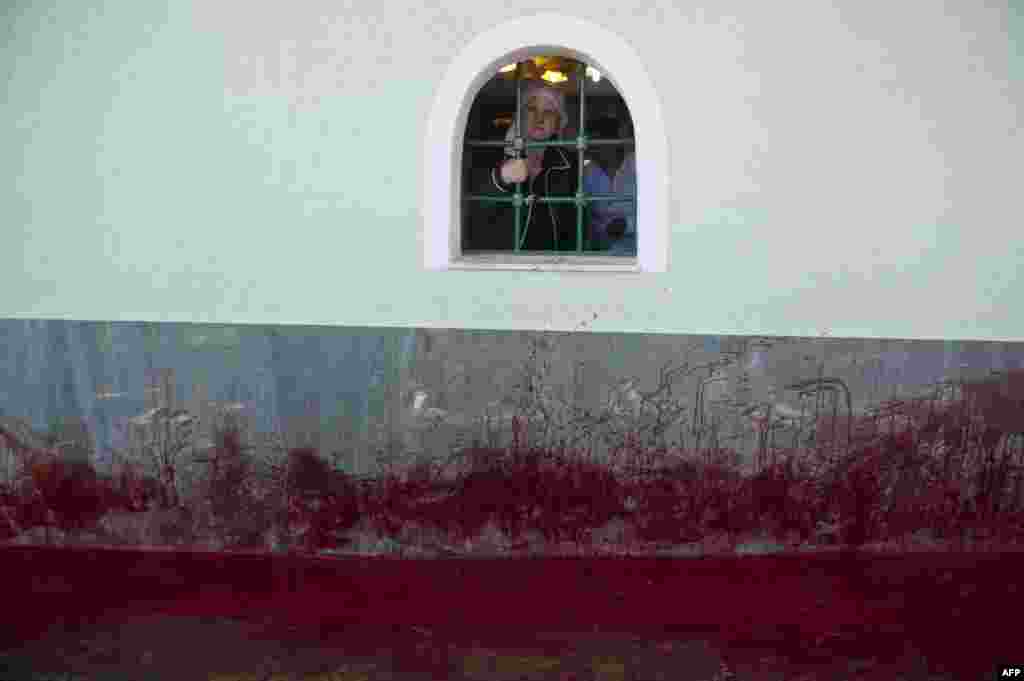 An ethnic Albanian woman looks out a window after sheep were slaughtered in the village of Babaj Bokes, Kosovo. (AFP/Armend Nimani)