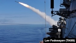 Missiles are fired by the Pyotr Veliky heavy nuclear-powered guided-missile cruiser during the Russian Navy's Kumzha military exercise in May 2016.