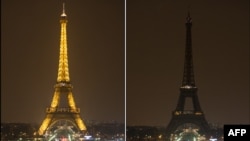 Combination photo shows The Eiffel Tower before and after submerging into darkness at 8:30 pm (local time) as part of the Earth Hour switch-off on March 23, 2013 in Paris.