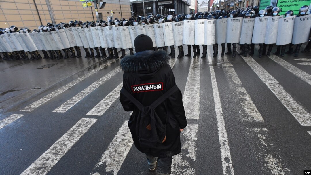 Снимка от протестите в Санкт Петербург, свикани от екипа на Алексей Навални, 31 януари 2021 г.