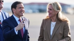 Iceland's foreign minister, Thorgerour Katrin Gunnarsdottir (right), welcomes US Secretary of State Marco Rubio at Keflavik Airport on October 6. 