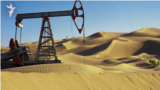 Kazakhstan - cover photo for video about Kokzhide water deposit. Oil pumpjack
