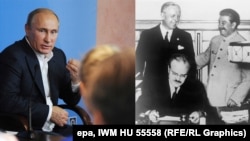 Комбіноване фото. Ліворуч: нинішній керівник Росії Володимир Путін. Праворуч: у присутності Йосипа Сталіна керівник МЗС СРСР В'ячеслав Молотов підписує так званий пакт Молотова-Ріббентропа із нацистською Німеччиною, 23 серпня 1939 року