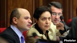 Armenia -- Stepan Safarian (L) and other deputies from the opposition Zharangutyun party attend a parliament session.