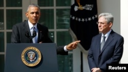 Președintele Barack Obama la anunțul nominalizării candidatului său judecătorul Merrick Garland 