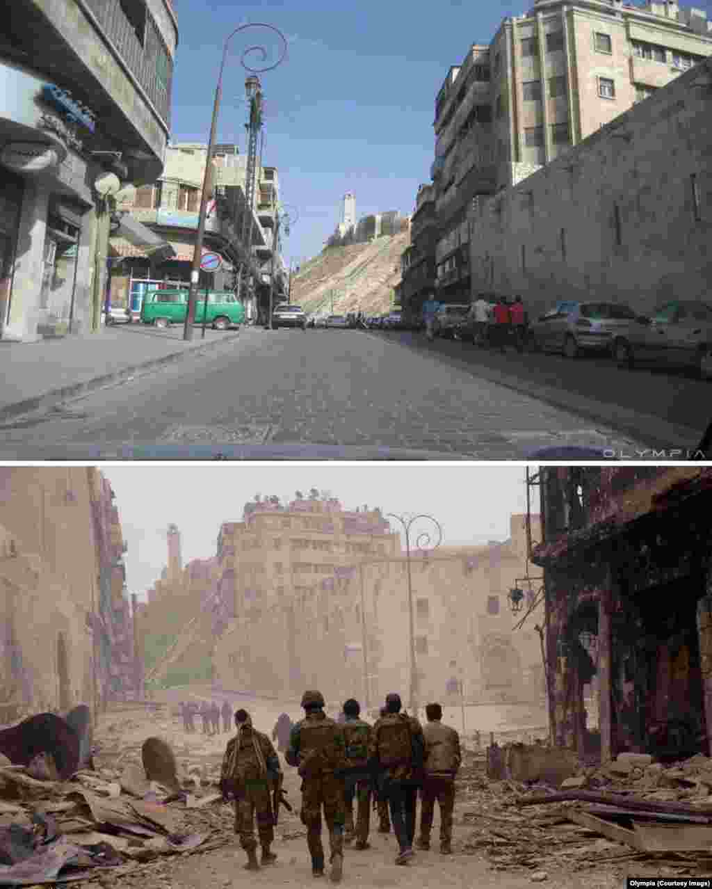 The view along a street leading up to Aleppo&#39;s 13th century citadel