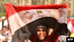 Egypt -- An anti-government protester waves a bloodstained Egyptian flag in Cairo's landmark Tahrir Square, 04Feb2011