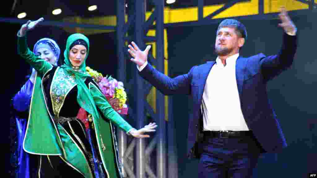 Kadyrov dances during a gala performance as part of the celebrations that took place on his 35th birthday in Grozny last year.