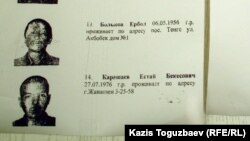 Фрагмент листовки, развешенной в городе Жанаозен в конце декабря прошлого года с объявлением лиц, подозреваемых в организации массовых беспорядков 16 декабря 2011 года. 