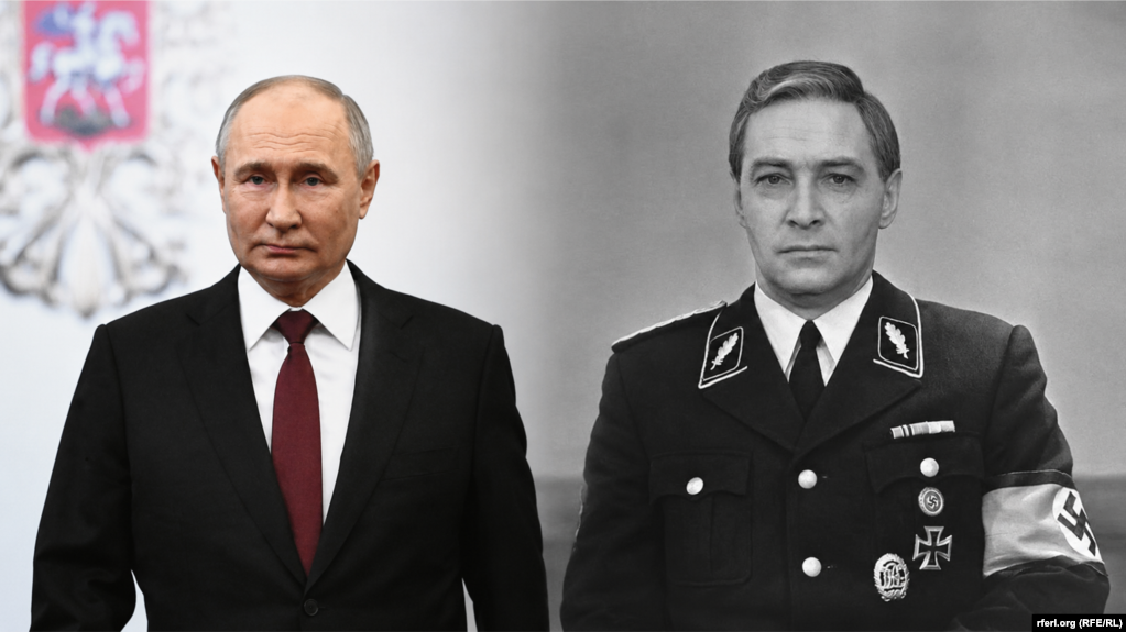 Коллаж: Владимир Путин и актер Вячеслав Тихонов в роли внедренного советского разведчика в сериале 1973 года "17 мгновений весны".