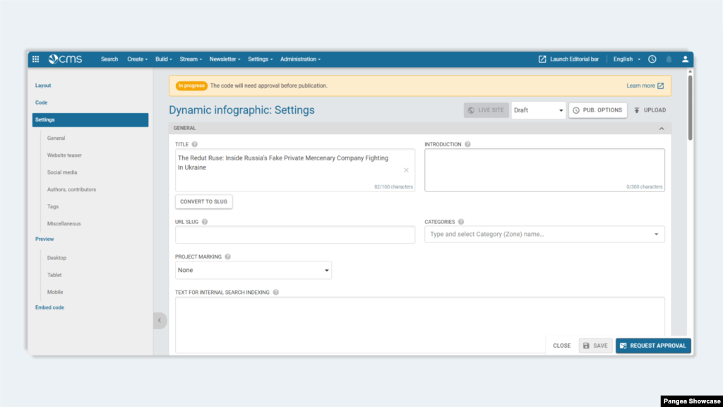 Pangea CMS saves your dynamic infographic with the <strong>Draft</strong> status. The edit page opens and you can complete the remaining settings.