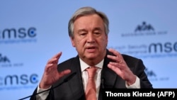 UN Secretary-General Antonio Guterres addresses the Munich Security Conference on February 16.