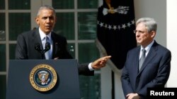 U.S. President Barack Obama (L) announces Judge Merrick Garland (R) as his nominee to the US Supreme Court, in the White House Rose Garden in Washington on March 16.