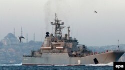 Turkey -- The Russian warship 'Caesar Kunikov', a large landing ship of the Project 775 class (NATO name: Ropucha-I), passes the Bosphorus Strait in Istanbul, December 14, 2015