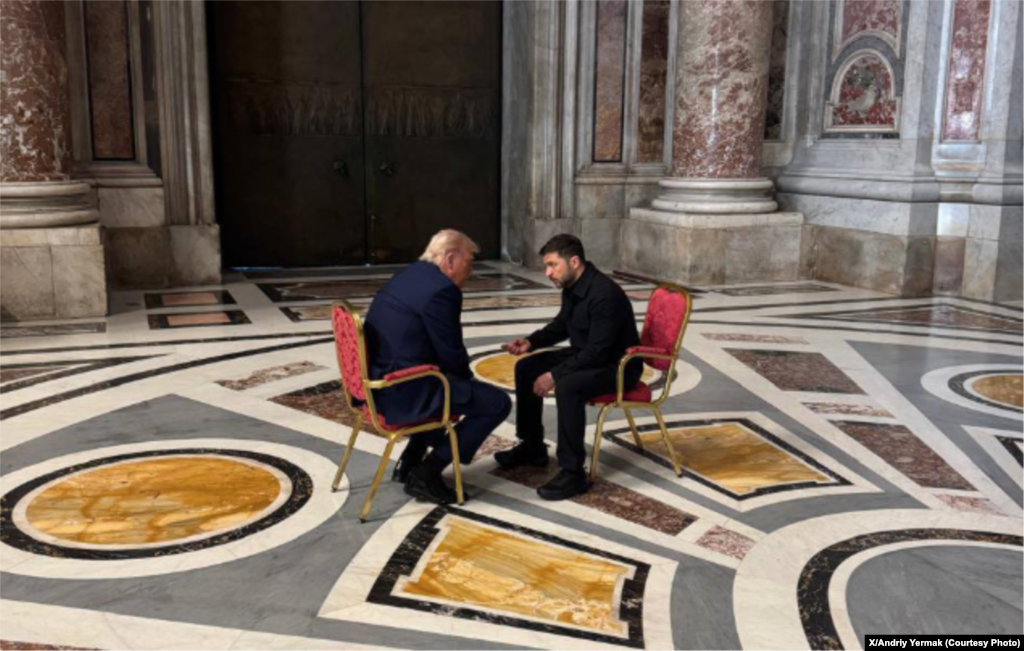 US President Donald Trump and Ukrainian President Volodymyr Zelenskyy speak briefly on the sidelines of Pope Francis's funeral at the Vatican on April 26.