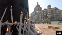 Candles outside the Taj Mahal Hotel, site of one of the bloodiest attacks