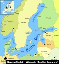 Мапа Балтійського моря, праворуч – Фінська затока