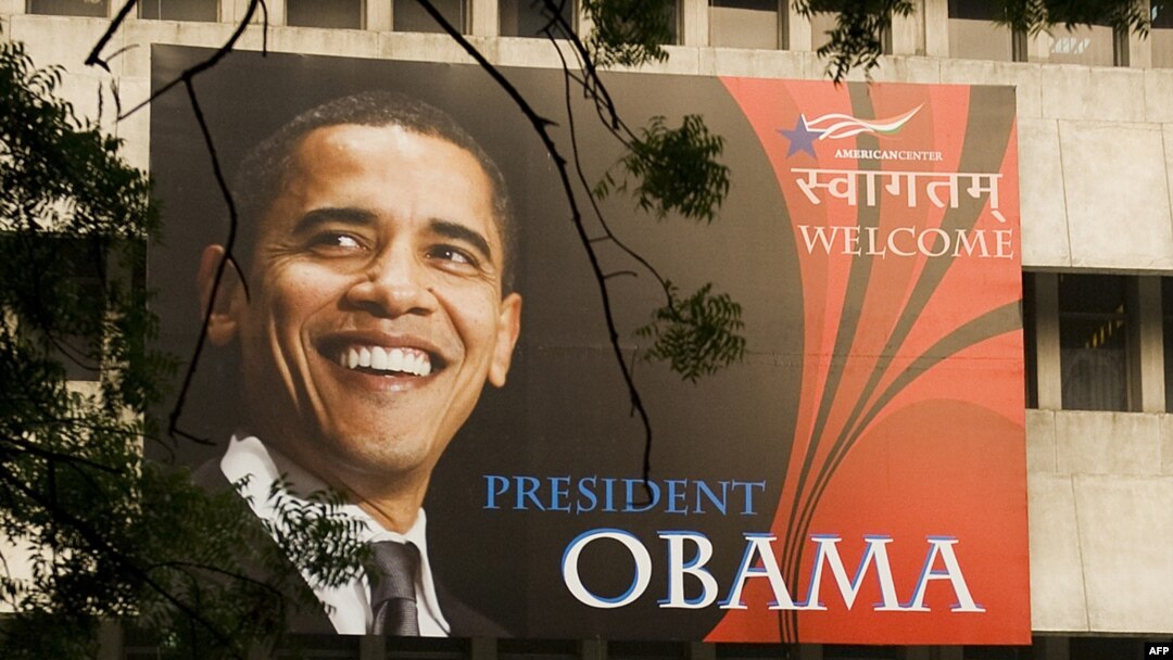 A billboard welcoming U.S. President Barack Obama at The American Center in New Delhi 