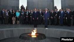 Armenia - President Serzh Sarkisian and French President François Hollande visit the Armenian Genocide memorial in Yerevan, 12May2014.