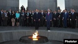 Armenia - President Serzh Sarkisian and French President François Hollande visit the Armenian Genocide memorial in Yerevan, 12May2014.