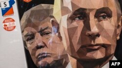 A T-shirt featuring U.S. President Donald Trump and Russian President Vladimir Putin on sale at a souvenir shop in St. Petersburg