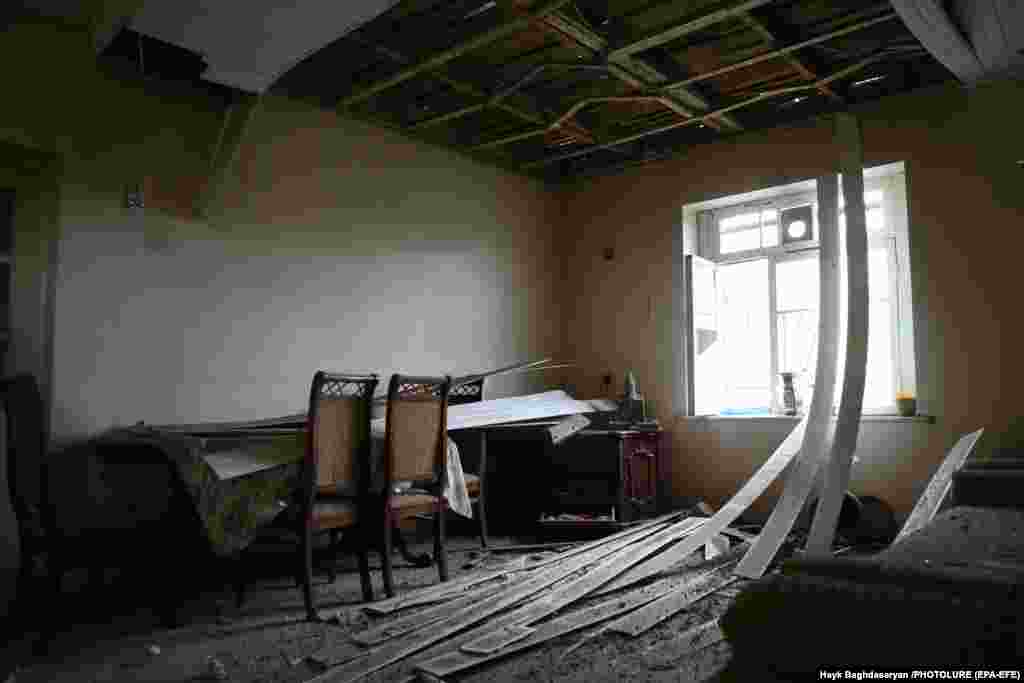 A view of damage inside a house in the city of Martuni in Nagorno-Karabakh