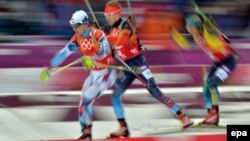 Biathlon competitors at the 2014 Winter Olympics in Sochi in February 2014 