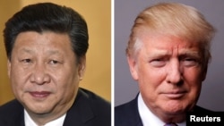 A combo photo of Chinese President Xi Jinping (L) and ation of file photos showing Chinese President Xi Jinping (L) at London's Heathrow Airport, October 19, 2015 and U.S. President Donald Trump