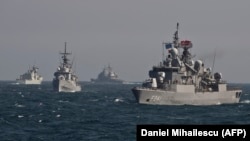 Warships of the NATO Standing Maritime Group-2 take part in a military drill in the Black Sea off the coast of Romania in March 2015.