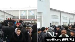 Узбекские студенты, вернувшиеся из соседних стран, стоят в очереди, чтобы сдать документы в Ферганский политехнический институт, 12 февраля 2020 года. 