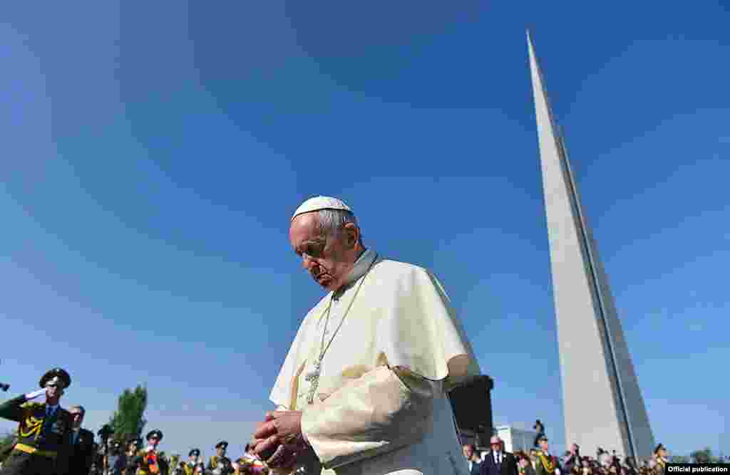 Pope Francis visits the Armenian genocide memorial in Yerevan on June 25.