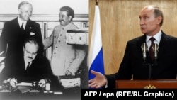 Staljin, Molotov i Ribentrop prilikom potpisivanja pakta 1939. godine (lijevo) i Putin (desno)
