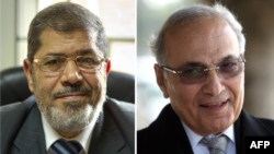 “Musulman Doganlygy” toparyndan kandidat Mohammet Morsi (çepde) we häkimiýetden çetleşdirilen prezident Hosni Mubaregiň soňky premýer-ministri Ahmed Şafik