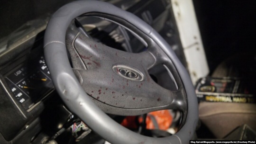 The blood-splattered steering wheel of the Niva belonging to Panayot Zakharopulo