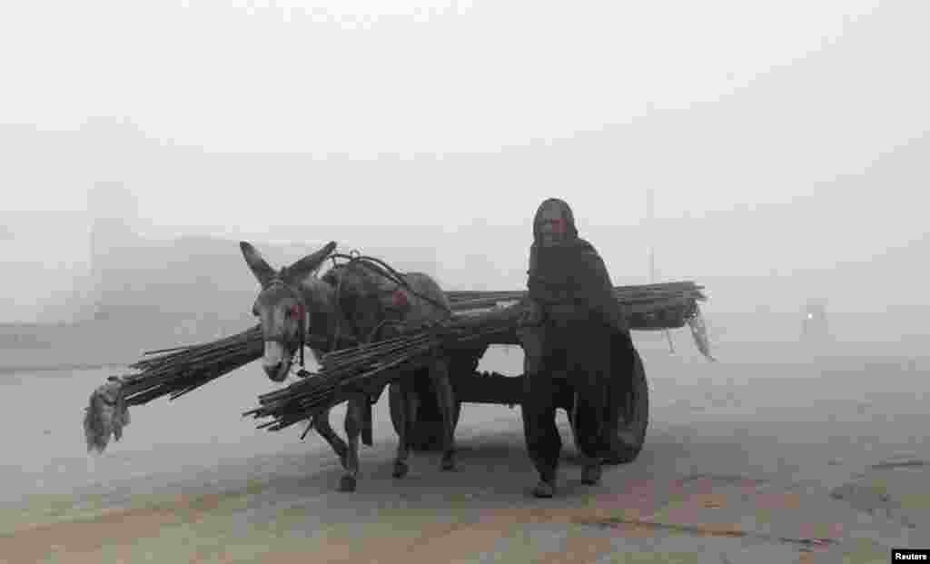 A Pakistani man walks beside his donkey and cart carrying steel bars on a foggy morning in Lahore. (Reuters/Mohsin Roza)