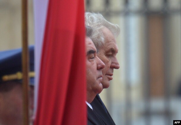 Tajik President Emomali Rahmon (left) with his Czech counterpart, Milos Zeman, during a visit to Prague on December 1.