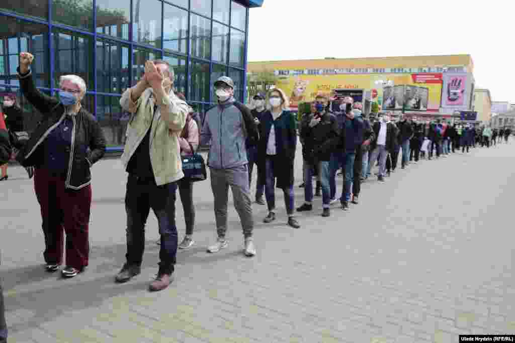 Opposition supporters wait to register their support for opposition candidates in the upcoming presidential election. Lukashenka, who has been in power in Belarus for more than 25 years, has shown little tolerance for dissent and independent media. Belarus abolished presidential term limits in a referendum in 2004.