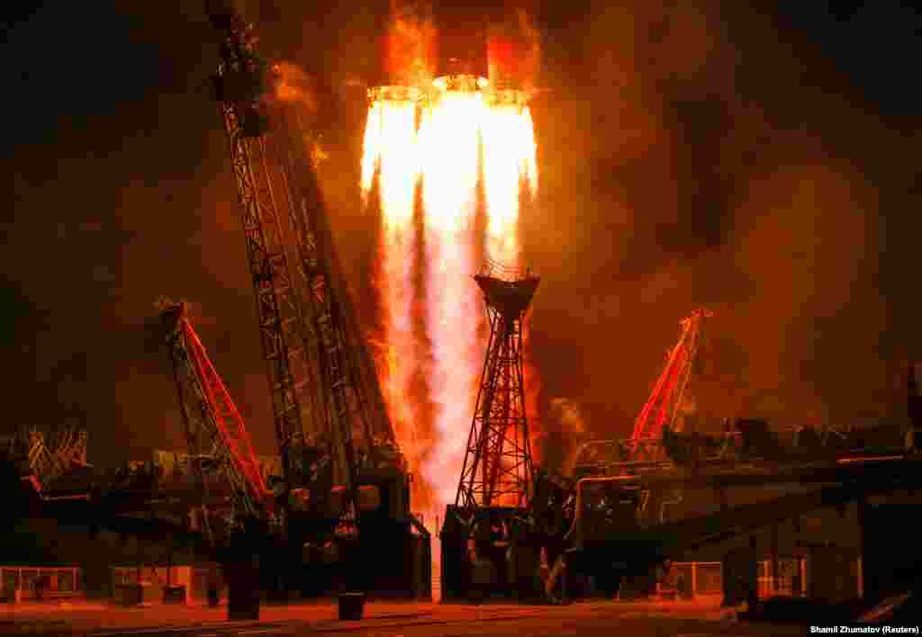 The Soyuz MS-11 spacecraft carrying David Saint-Jacques of Canada, Oleg Kononenko of Russia, and Anne McClain of the United States blasts off to the International Space Station from the Baikonur Cosmodrome in Kazakhstan on December 3. (Reuters/Shamil Zhumatov)