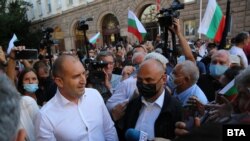 Bulgarian President Rumen Radev speaks at a protest on July 10.