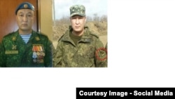 Российский военнослужащий Виктор Ажинов - слева в форме ВС РФ, справа - с шевроном "Новороссии".