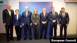 EU foreign policy chief Federica Mogherini (center) meets with the prime ministers of the Western Balkans in Brussels on December 18.