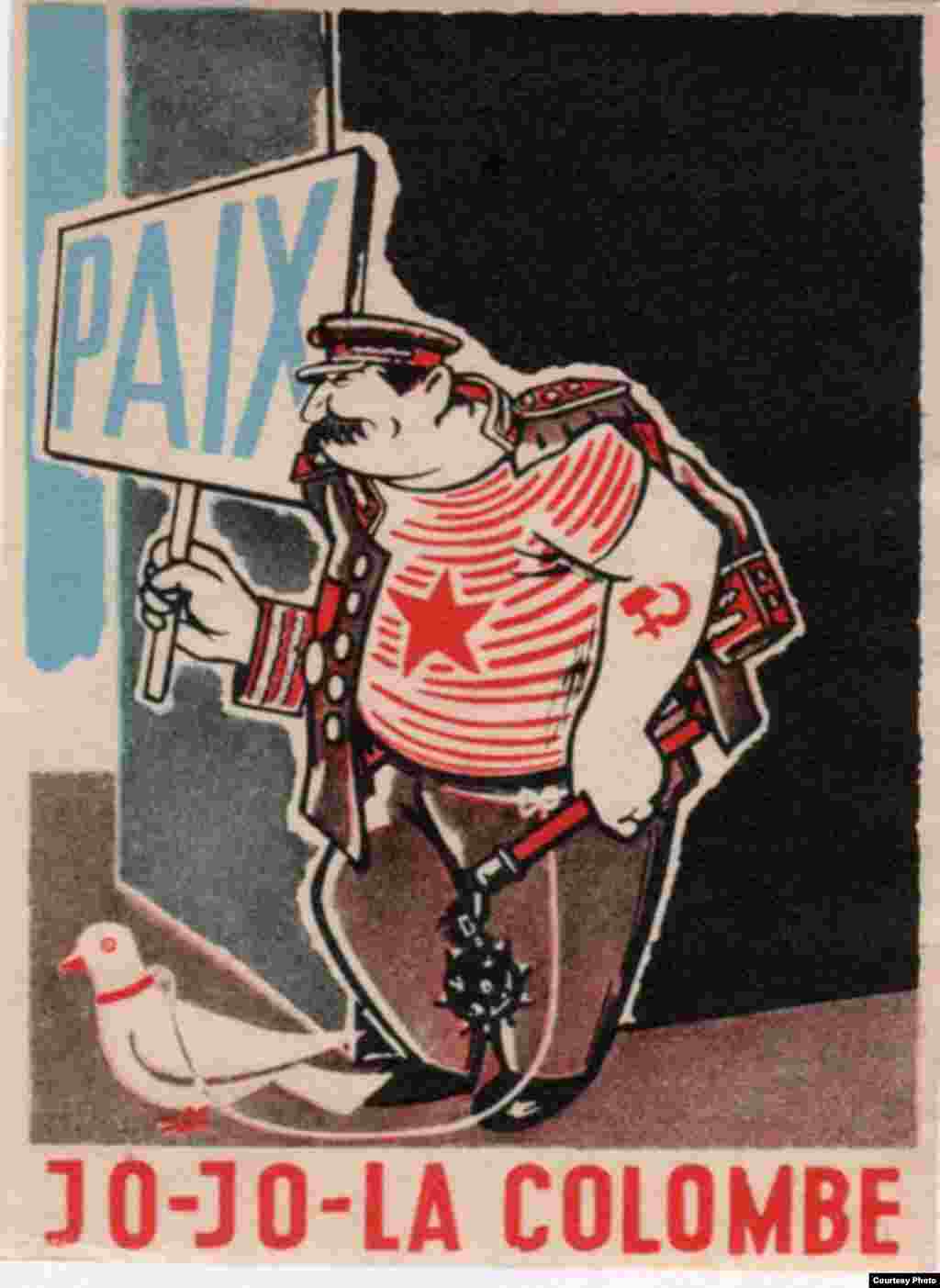 Карикатура на Сталина. В руках у него траспарант с надписью "Мир" и подпись "Йо -йо, голубь мира"  