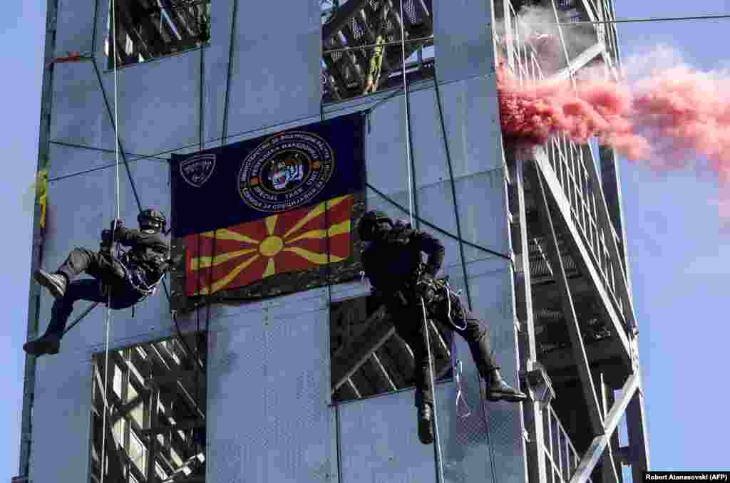 Members of Macedonian special police forces take part in an emergency drill in Skopje. (AFP/Robert Atanasovski)