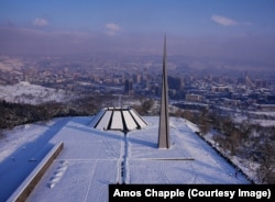 An aerial view of the Tsitsernakaberd Genocide Memorial complex in Yerevan