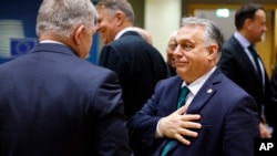 Hungarian Prime Minister Viktor Orban (right) talks to Slovak Prime Minister Robert Fico during a meeting at the EU summit in Brussels on February 1.