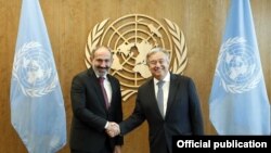 Встреча премьер-министр Армении (слева) и генсеком ООН Антониу Гутеррешем, Нью-Йорк, 24 сентября 2018 г.