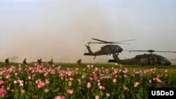 U.S. Special Operations service members with Special Operations Task Force South board two UH-60 Black Hawk helicopters following a clearing operation in Panjwa'i district in the southern province of Kandahar.