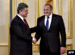 Ukrainian President Petro Poroshenko (left) and his Georgian counterpart, Giorgi Margvelashvili, in Kyiv on February 22