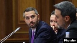 Armenia - Speaker Ruben Rubinian (left) chairs a session of the Armenian parliament, Yerevan, August 17, 2026.